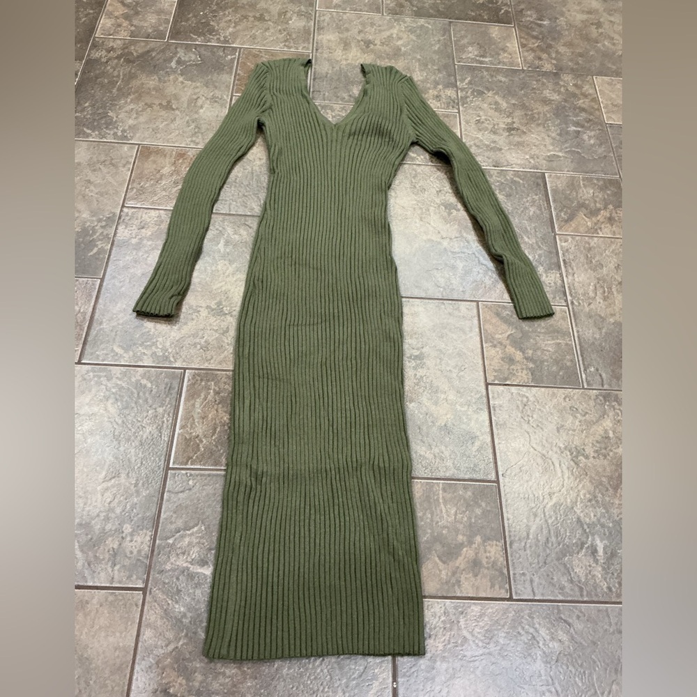 Ribbed Long Sleeve Knit Dress - Olive Green